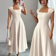 Elenzya Women's Elegant Commuting, Beach, Vacation, Music Festival, Beer Festival Solid Color Square Neck Waist Tie A-Line Short Sleeve Midi Dress, Spring/Summer - Rosa - Ver 5