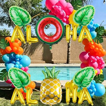 14pcs Summer Balloon Set, Including Pineapple, Watermelon Swim Rings, Green Palm Leaves And "ALOHA" 16-Inch Gold Letter, Suitable For Pool Party Decor, Beach Party, Summer Shower, Hawaiian Theme, Water Birthday Party Decor, Bachelorette Party, Outdoor Party
