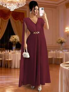 Nuevo vestido ligero con decoración de cinturón de cintura fruncida, diseño de lazo en la espalda, elegante y grácil vestido casual para la temporada de bodas y vacaciones - Burdeos - Ver 8