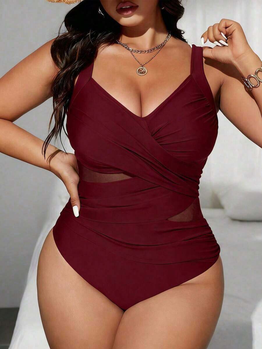 Swim  Traje de baño de una pieza de corte slim, con parches de malla de dos tonos y cruzados, para mujer de talla grande.Ideal para el verano y las vacaciones en la playa. - Burdeos - Ver 1