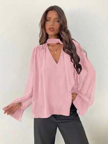 Blusa de mujer bohemia, romántica y elegante con cuello en V profundo, manga larga y lazo, para uso diario.Blusa elegante para mujer, ideal para primavera, el Día de San Valentín y salidas, en color blanco. - Rosa - Ver 6