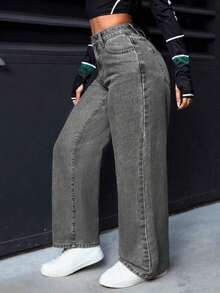 PETITE Jeans rectos de pierna suelta y lavados para mujer - Gris 2 - Ver 6