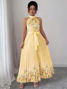 Vestido holgado de verano elegante con estampado floral y cuello halter para mujer - Amarillo - Ver 5