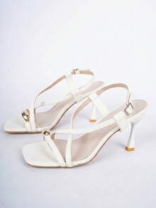 Nuevas sandalias de tacón alto de estilo minimalista y elegante con puntera cuadrada, de ajuste deslizante y hebilla ajustable, en color blanco y caqui, para mujer - Blanco - Ver 6