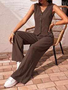 Frenchy Set de 2 piezas para mujer de top sin mangas y pantalones de estilo casual con un solo botón, para verano - Café integral - Ver 6