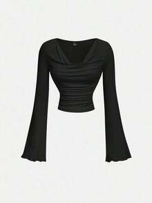 Conjunto de camiseta de manga larga ajustada con cuello de volantes, mangas acampanadas y plisadas en 3 colores - Negro - Ver 1