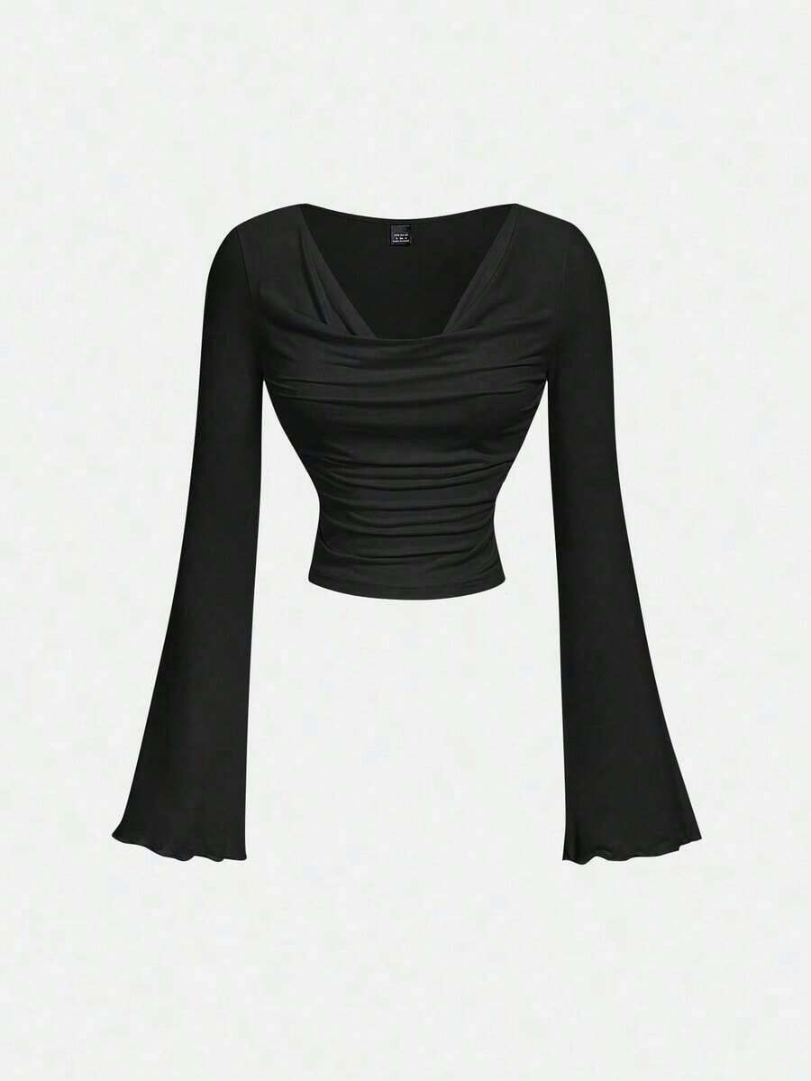 Conjunto de camiseta de manga larga ajustada con cuello de volantes, mangas acampanadas y plisadas en 3 colores - Negro - Ver 1
