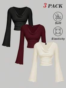 MOD Conjunto de camiseta de manga larga ajustada con cuello de volantes, mangas acampanadas y plisadas en 3 colores - Burdeos 2 - Ver 1