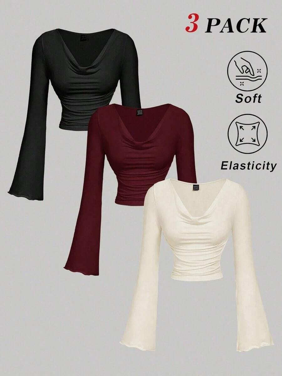MOD Conjunto de camiseta de manga larga ajustada con cuello de volantes, mangas acampanadas y plisadas en 3 colores - Burdeos 2 - Ver 1