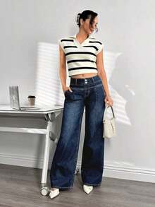 Jeans casuales holgados de pierna ancha con bolsillos para mujer - Azul lavado oscuro - Ver 7