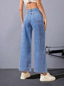Jeans de mujer de cintura alta y pierna recta - Lavado ligero - Ver 2