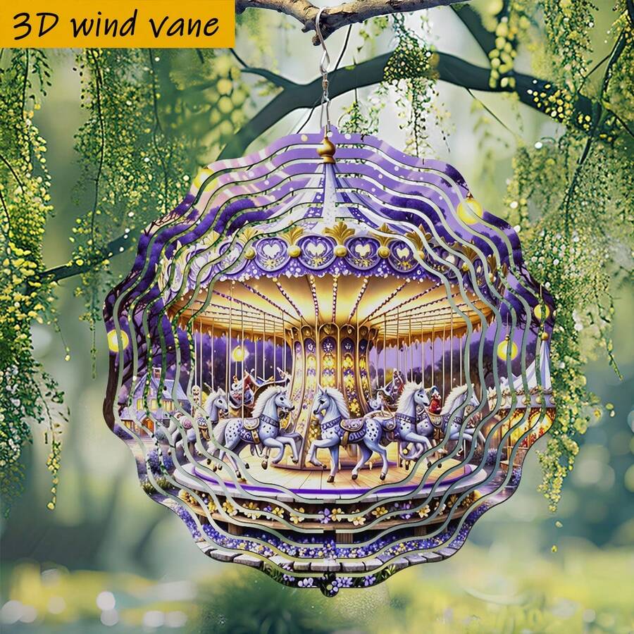 1pc 3D Dreamy Purple Rotating Carousel Scenery, 25.5cm/10in*25.5cm/10in With Rotating Hook, 360° DIY Creative Wind Spinner Set, Wind Powered Rotation, Easy Installation, Suitable For Christmas, Halloween And Other Holiday Gifts (Pendant Not Included), Random Style - A - View 1
