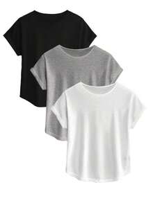 Conjunto de tres piezas para mujer con camiseta de manga murciélago de cuello redondo y unicolor y rayas - Multicolor 2 - Ver 1