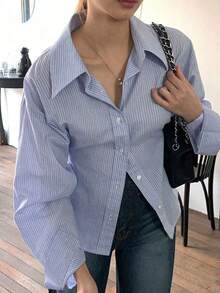 Camisa ajustada con cuello a rayas para mujer, de estilo casual de negocios, color azul, manga larga para primavera/verano/otoño - Azul - Ver 6