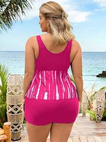 Swim Lushoire Conjunto de tankini con estampado total - Top y shorts negros para tallas grandes - Rosa Fucsia - Ver 2