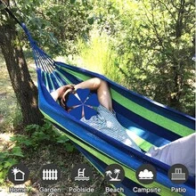 Amaca da esterno in cotone, tessuto confortevole con cinghie ecologiche per il fissaggio, amaca portatile resistente con borsa da viaggio per giardino, interni, balcone, patio, campeggio. - Striscia blu/verde - Visualizzare 3