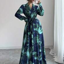 Women's Lapel NeckWaist Bowknot Floral Print Long Sleeve Dress Fall Cloth For Women - Rosa Fucsia - Ver 2