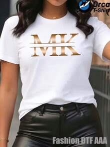 Camiseta de Mujer con Estampado Artístico de Letras Gold  - Elegante y Estilosa - Cuello Redondo, Manga Corta, Estilo Casual Deportivo, Tallas S-XXL, Múltiples Colores Disponibles, Nueva Camiseta para Mujer. - Blanco - Ver 7