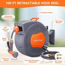 Soonbuy 1/2" X 100 Ft Retractable Garden Hose Reel, Wall Mounted With 9 Function Nozzle, Automatic Rewind, Slow Return System, Any Length Lock, 180° Swivel Bracket, 3-Layer PVC & Brass Fittings - C - 查看 7
