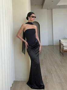 Vestido sirena largo suelo bandeau con cintura ajustada y combinación de satén, elegante y sensual para banquetes estilo moda europea femenina - Negro - Ver 1