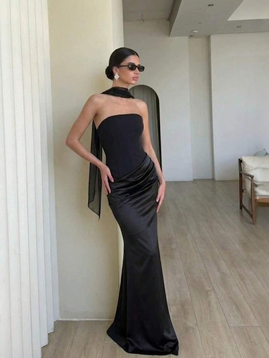 Vestido sirena largo suelo bandeau con cintura ajustada y combinación de satén, elegante y sensual para banquetes estilo moda europea femenina - Negro - Ver 1