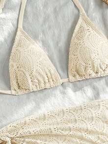 Conjunto de 3 piezas de traje de baño de bikini de unicolor y estilo sexy de halter para mujeres, conjunto de traje de baño, para vacaciones de verano en la playa - Albaricoque - Ver 6