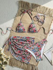 Conjunto de 3 piezas de traje de baño de bikini de unicolor y estilo sexy de halter para mujeres, conjunto de traje de baño, para vacaciones de verano en la playa - Multicolor 4 - Ver 3