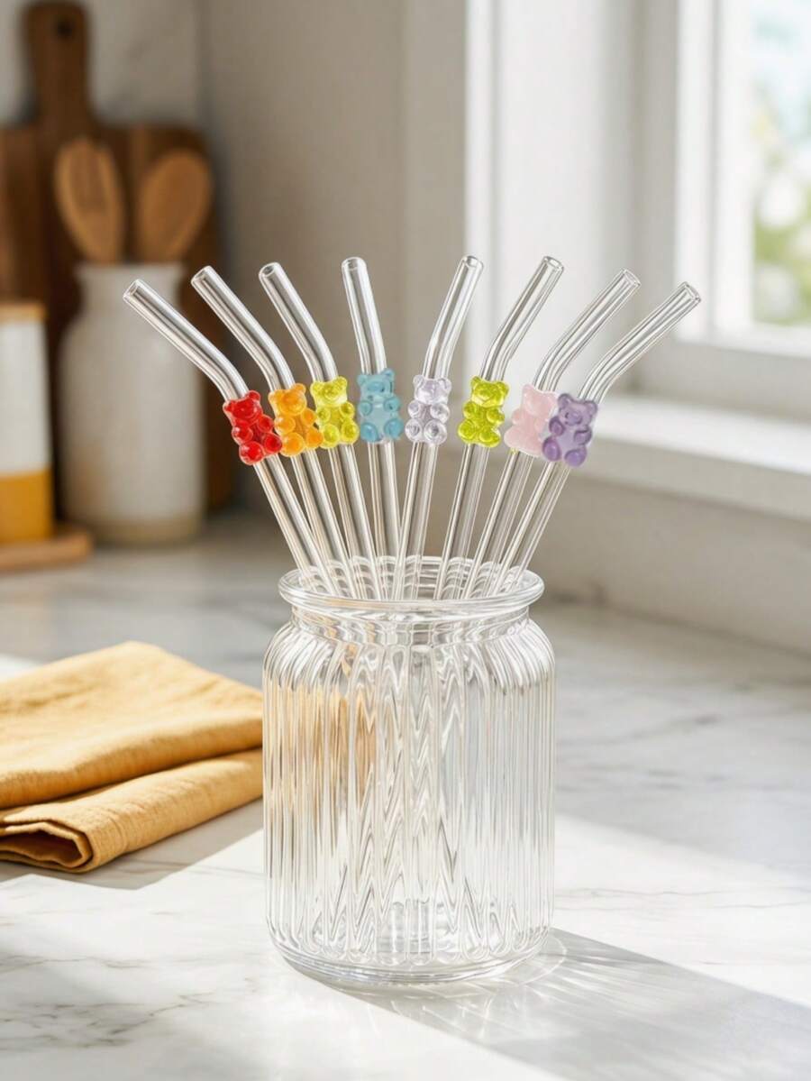 1/8PCS Colorful Crystal Bear Glass Straw,Reusable Bent Straw For Milk Tea, Cocktails, Iced Drinks. Perfect For Summer Parties, Beach, Birthdays, Christmas, Graduation, Back To School. Great Gift For Adults, Her, Him. Kitchen Essential, Party Prop. - View 1