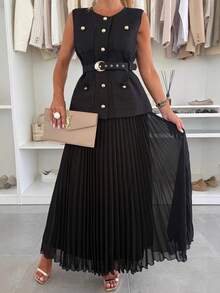 Conjunto Dos Piezas Elegante Sin Mangas  Tul Plisado Moda Europea Primavera Verano - Negro - Ver 1