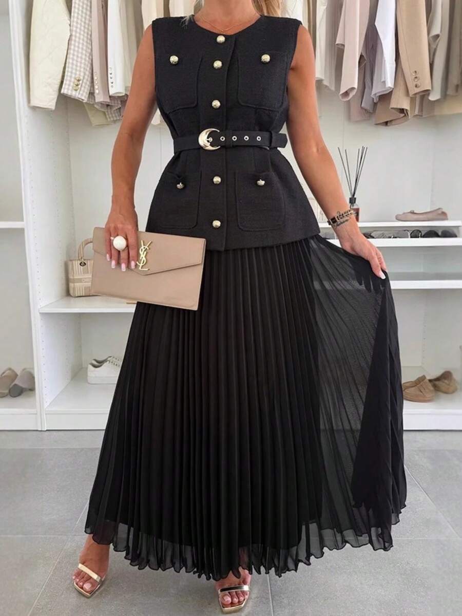 Conjunto Dos Piezas Elegante Sin Mangas Tul Plisado Moda Europea Primavera Verano - Negro - Ver 1