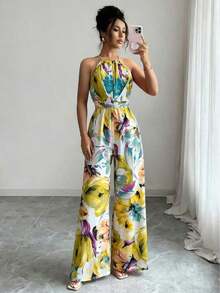 Mono con cintura entallada de tela estampada para mujer, elegante para vacaciones y uso diario con cuello de halter - Multicolor 2 - Ver 12