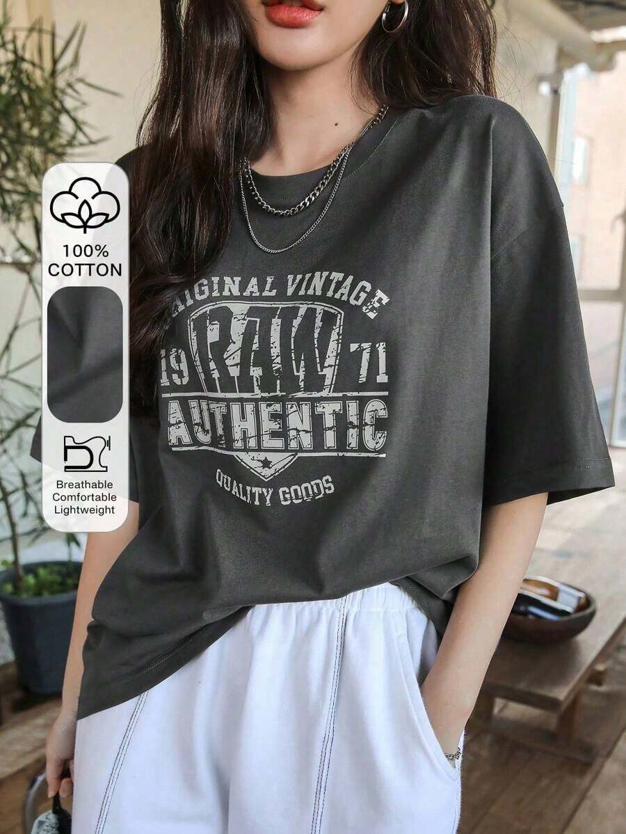Camiseta de verano de estilo oversize con gráfico de letra y hombros caídos - Blanco - Ver 1