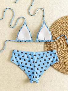 Nuevo conjunto de bikini con estampado de lunares sexy, espalda descubierta y lazo, con tirantes de espagueti para playa y piscina en vacaciones - Celeste - Ver 7
