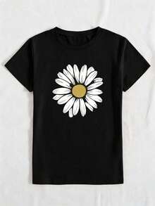 Camiseta de manga corta con estampado floral, camiseta informal con cuello redondo y estampado floral para mujer, camisetas gráficas para mujer - Negro - Ver 3