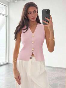 Blusa sin mangas de punto de un solo pecho con tirantes anchos, casual de verano, para otoño/invierno, verano, vacaciones, simple para ir al trabajo, con hebilla metálica única para oficina - Rosa - Ver 5