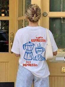 1 Women's Summer T-Shirt With Round Neck And Short Sleeves, Pink Heart And Coffee Cup Print, English Lettering, Casual And Versatile Loose Fit, Suitable For Summer, Beach, Street, Daily Wear, Work, Office Party, Going Out, Festival, Music Event, Valentine's Day, Party, White Color. - 白色 - 查看 6