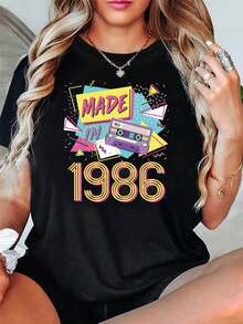 Women's Retro 80s Theme T-Shirt With 1986 Cassette Design - Geometric Explosion Decoration, Retro Cassette And Link, Casual Short Sleeve, Pink-Yellow-Blue, 80s Retro Top For 1986 Birthday - 黑色 - 查看 6