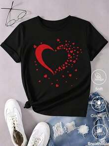 100% Cotton Women's White T-Shirt With Creative Red Heart Confetti Graphic, Romantic Aesthetic Style Short Sleeve T-Shirt With Small Hearts, Sweet Top For Valentine's Day, Fashionable Casual Blouse - 黑色 - 查看 1