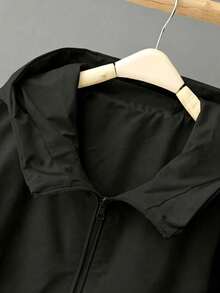 Women's Casual Hooded Loose Jacket, Military Style Windbreaker - Black - View 3