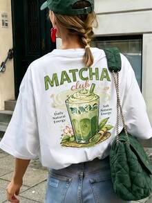 Áo thun nữ tay ngắn in họa tiết Matcha Club, cổ tròn, in hai mặt trước và sau, thích hợp mặc đi làm hàng ngày và đi nghỉ mát, màu trắng mùa hè. - trắng - Xem 1