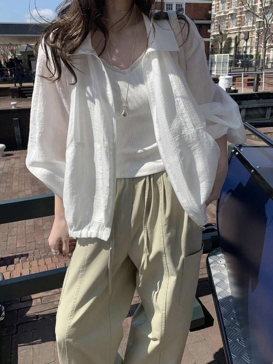 Korean Style Versatile Sheer Zipper Front Loose Fit Sun Protection Shirt White - White - View 1
