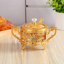 1pc Creative Flower Shaped Sugar Jar, European Style Metal & Glass Condiment Container For Home Use, Suitable For Living Room, Dining Room, Kitchen Storage - Gold - View 6