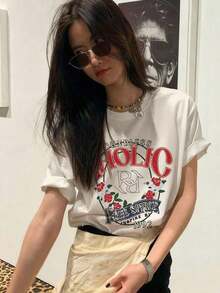 Playera holgada para mujer cuello redondo manga corta, nuevo diseño de verano con estampado de rosas y letras, estilo casual súper trendy y muy combinable.Muy cómoda para usar a diario, ideal para lucir un look fresco, sencillo y llamativo en toda ocasión. YCYC - Blanco - Ver 2
