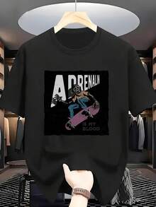 Camiseta de Algodón 100% para Hombres Talla Grande con Estampado de Calavera y Skateboarder Temático de Adrenalina - Cuello Redondo y Manga Corta Casual, Ideal para Primavera, Verano y Otoño - Ropa Cómoda para Actividades (Skateboarding, Gimnasio, Exteriores), TALLA GRANDE - Negro - Ver 2