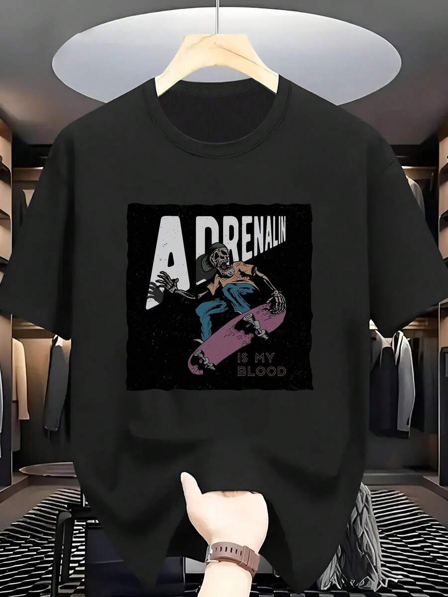 Camiseta de Algodón 100% para Hombres Talla Grande con Estampado de Calavera y Skateboarder Temático de Adrenalina - Cuello Redondo y Manga Corta Casual, Ideal para Primavera, Verano y Otoño - Ropa Cómoda para Actividades (Skateboarding, Gimnasio, Exteriores), TALLA GRANDE