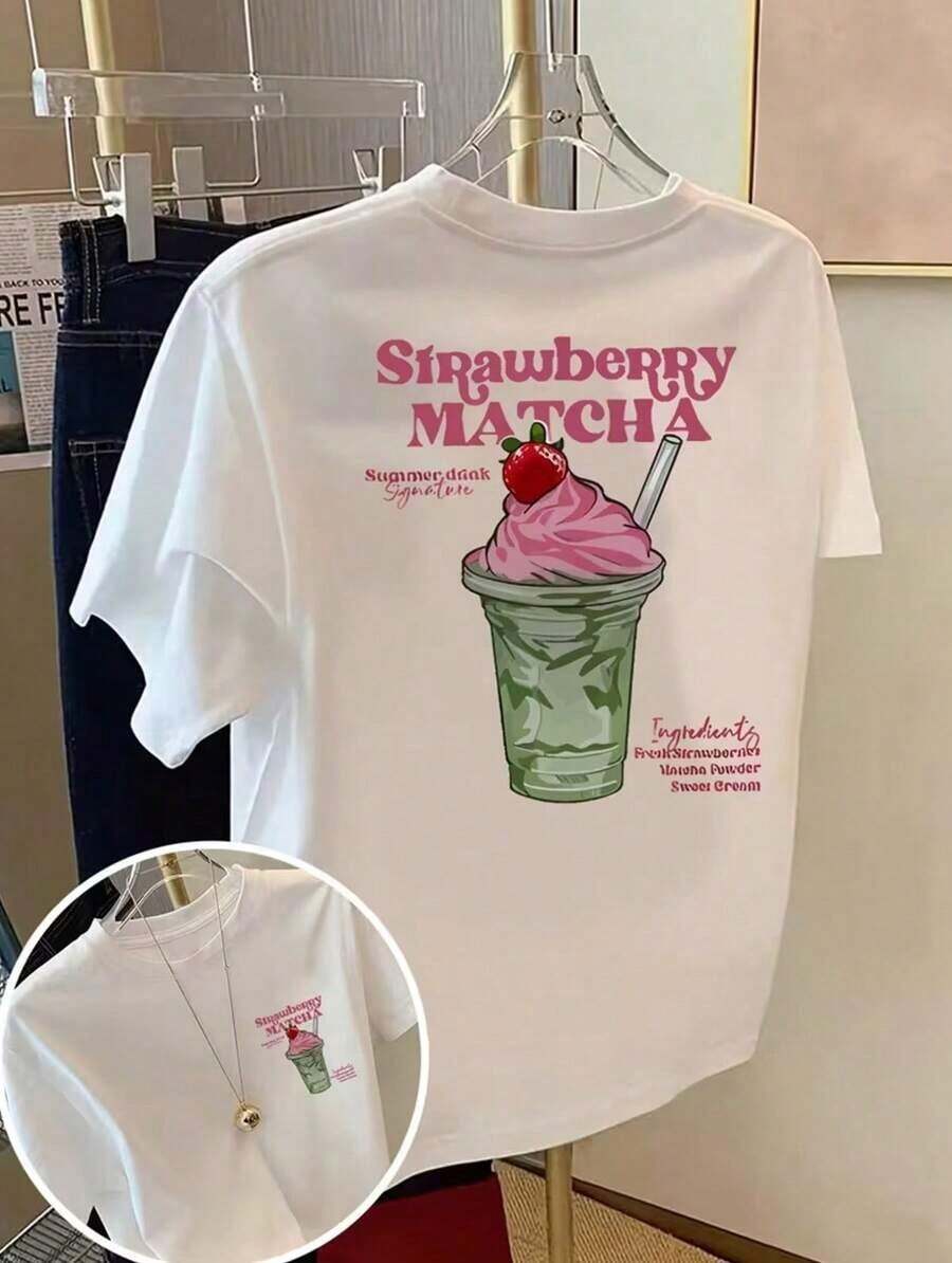 New Summer Casual Collection 2026 Spring/Summer, Women's Short Sleeve T-Shirt With Round Neck, Cherry And Letter Print, Casual And Modern Style, Double-Sided Print, Vintage Urban Style, Unisex, Cotton, Round Neck. - 白色 3 - 查看 1