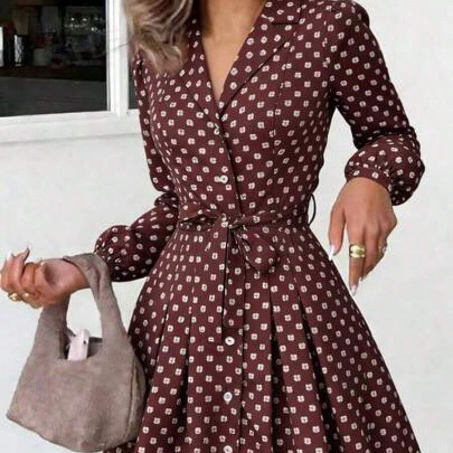 PariChic Women's Elegant Coffee-Colored Long-Sleeved Dress With A Romantic All-Over Rose Print, Featuring A Bow Belt, Front Buttons, And A Stylish Design Suitable For Autumn/Winter, Spring/Summer, Vacations, Valentine's Day Dates, Birthdays, A-Line Silhouettes, And Cute, Romantic Puff-Sleeved Short Dress - Café - Ver 1