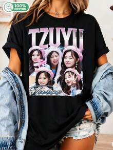 Tzuyu TWICE 90s Retro Graphic T-Shirt, Vintage K-Pop Idol Style, Unisex Cotton T-Shirt, Casual Top For Fans. - Black - View 6