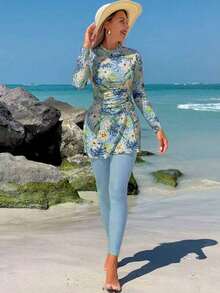Swim  Set de 2 piezas de burkini de manga larga casual de primavera/verano con estampado tropical y floral aleatorio para mujer, ideal para la playa y el resort - Multicolor 3 - Ver 3