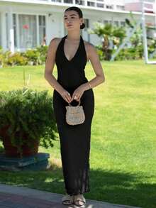 Nuevo vestido largo elegante y romántico de Día de San Valentín ajustado con cuello en V y costillas, color albaricoque, ajuste para verano - Negro - Ver 6